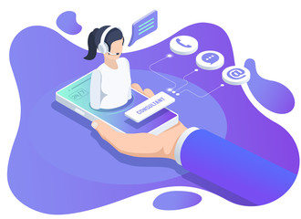 isometric vector image on a white background, a man in a business suit holds in his hand a smartphone on the screen of which a girl consultant in headphones with a microphone