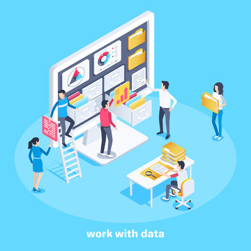 isometric vector image on a blue background, men and women near the computer work with data, teamwork on data processing