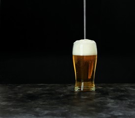 Oktoberfest beer festival concept. Cold beer with foam in glass on dark background, copy space.