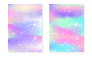 Magic background with princess rainbow gradient. Kawaii unicorn hologram. Holographic fairy set. Stylish fantasy cover. Magic background with sparkles and stars for cute girl party invitation.