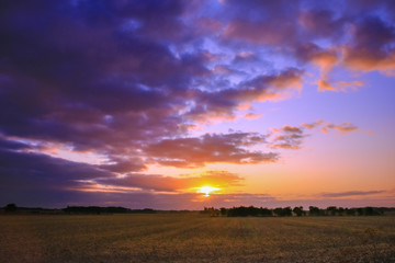 Superb sunrise in the countryside above a field with its rays shining through the clouds. Very colorful sky with cumulonimbus.