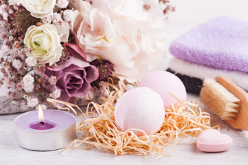 Aroma bath bombs with pink purple bouquet