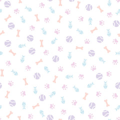 Seamless pattern with cat paws and toys