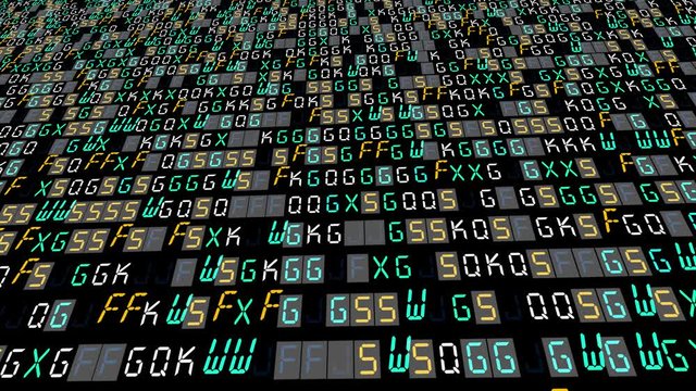 Binary code and letters running down a computer screen with added glitch and distortion effects