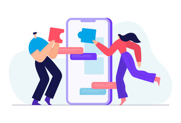 People connecting puzzle elements, business concept, team metaphor. Symbol of teamwork, cooperation, partnership. Flat vector illustration.