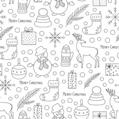 Drawn seamless Christmas pattern with deer, snowman, gift boxes and snowflakes. Doodle style vector illustration.