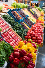 Vegetable farmer market counter: colorful various fresh organic healthy vegetables at grocery store. Healthy natural food concept