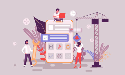 Flat web page design template of app development homepage or header decorated people character for website and mobile website development. Flat landing page template. Vector illustration.