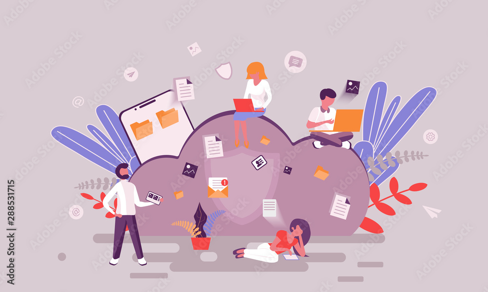 Wall mural flat web page design template of cloud computing homepage or header decorated people character for w