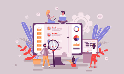 Flat web page design template of recruiting homepage or header decorated people character for website and mobile website development. Flat landing page template. Vector illustration.