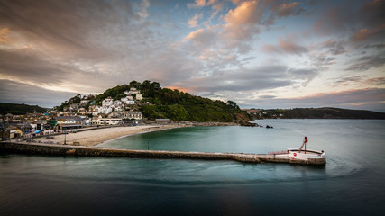 Looe Cornwall, UK, Port Town, Sunset over the Banjo Pier and Beach