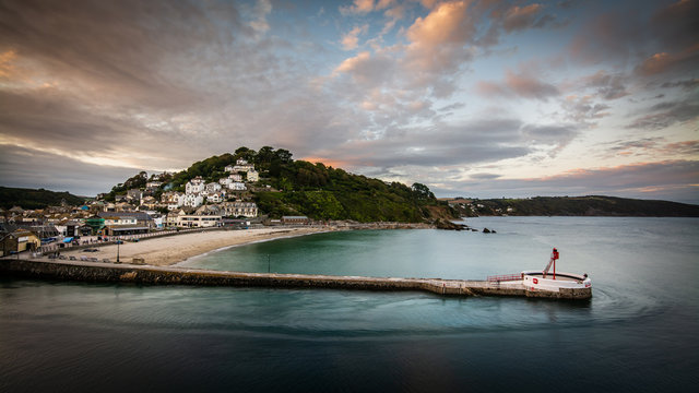 Looe Cornwall, UK, Port Town, Sunset over the Banjo Pier and Beach