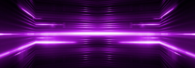 Empty stage. Violet neon, abstract blue background. Rays of searchlights, light, abstract tunnel,...