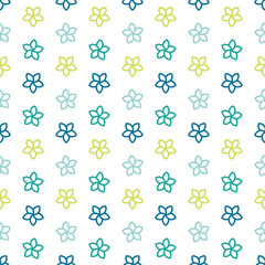 Seamless pattern with blue and green Plumeria flowers