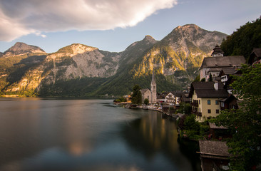 Amazing view of Hallstatt village in Alps at dusk, Austria