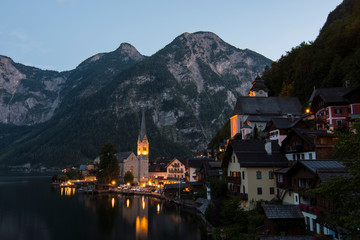 Fototapeta premium Amazing view of Hallstatt village in Alps at dusk, Austria
