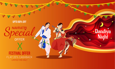 Shubh Navratri decorative Background Design With Couple Dancing In Garba in paper cutout pattern with night concept stars and moon, sale banner.