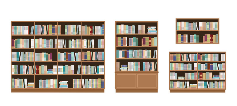 Bookcases and bookshelves full of books. Isolated on white background. Education library and bookstore concept.  Vector illustration.