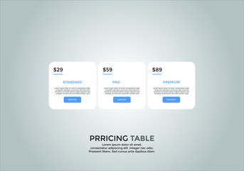 Pricing table design. vector. order, box, button, list for web. price. mobile.