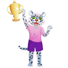 The snow leopard girl in sport uniform cheering with goblet is on the white background