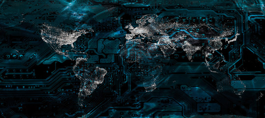 Global city lights world map on the motherboard pattern. Elements of this image furnished by NASA. © elen31