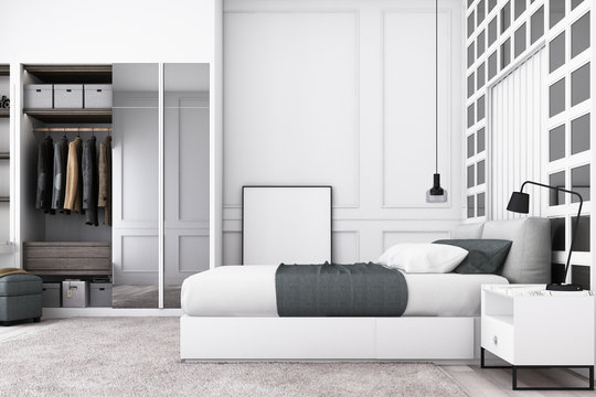 Modern luxury bedroom and walk in closet with classic wall decorate and grey furniture. 3d render