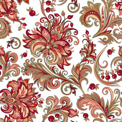 seamless pattern of red flowers with berries on a white background - 288538932