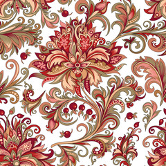 seamless pattern of red flowers with berries on a white background - 288538948