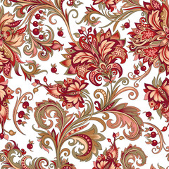 seamless pattern of red flowers with berries on a white background - 288538964