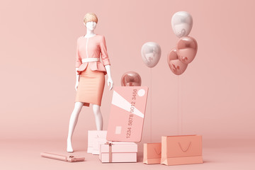 Mannequin surrounded by shopping bag and the gift box with credit card on the pink backdrop.-3d rendering