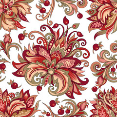 seamless pattern of red flowers with berries on a white background - 288538990