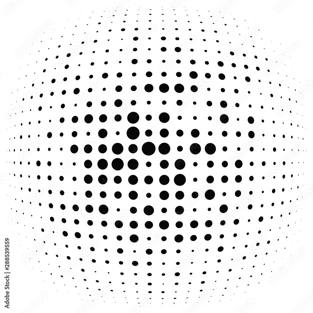 Poster half-tone dots, circles, dotted element. sphere, orb or globe distortion speckles. diffuse radial, r