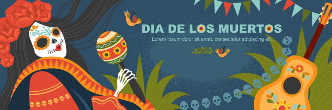 Vector banner for mexican day of the dead with a female skeleton in a traditional dress with a guitar and maracaswith a guitar and maracas