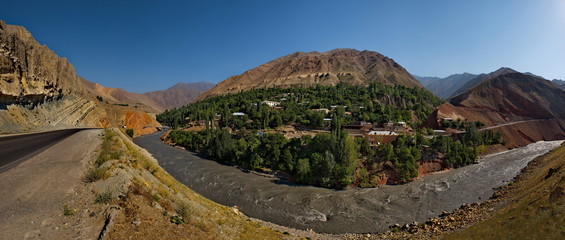 Tajikistan. Mountain river Zaravshan along the highway between Sughd region and Dushanbe.