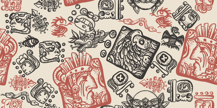 Mayan alphabet seamless pattern. Old school tattoo style. Ancient mexican mesoamerican glyphs, hieroglyphics. Mexican civilization, vintage art © intueri