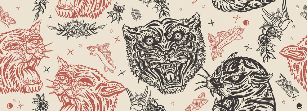 Tigers seamless pattern. Old school tattoo. Asian wild cats heads, japan art style. Vintage traditional tattooing © intueri