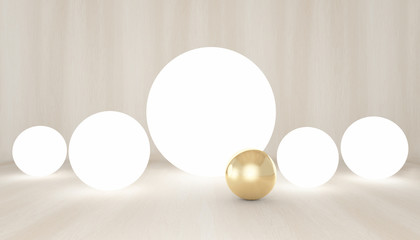 Beautiful abstract minimalistic background. Glowing balls and Golden ball on wooden background. Futuristic design. 3D rendering.