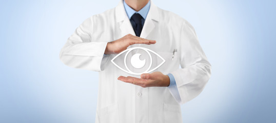concept of eyes examination, optician hands protecting eye icon, prevention and control, isolated...