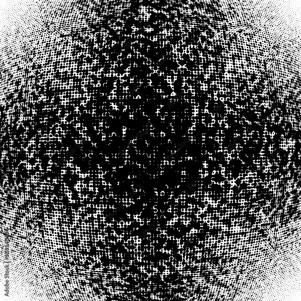 Poster half-tone dots. dotted, circles pattern. sphere, orb or globe distortion speckles. diffuse radial, r