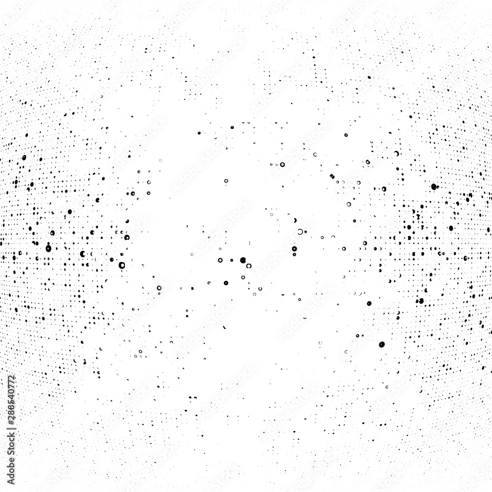 Poster Half-tone dots. Dotted, circles pattern. Sphere, orb or globe distortion speckles. Diffuse radial, radiating bulge, bloat warp. Polka-dot inflate design. Abstract circles circular geometric pattern