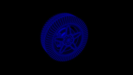 Glowing neon wireframe of a car wheel in 3d render