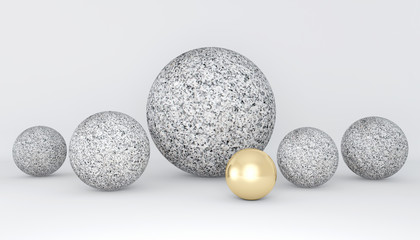 Beautiful abstract minimalistic background. Granite balls and Golden ball on white background. The concept of uniqueness. 3D rendering.