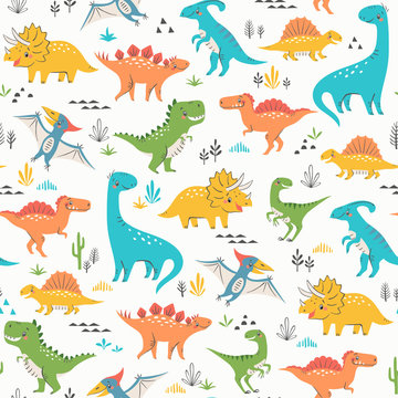 Seamless pattern of cute colorful dinosaurs with floral and geometric elements