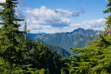 Fototapeta na wymiar scenic panorama over the mountains of North Vancouver in summer, blue sky and green trees, Canada, BC