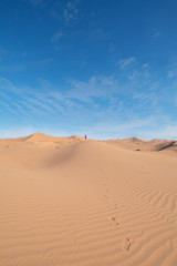 Fototapeta na wymiar One person man in dune of Sahara in Morocco