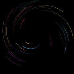Detailed twirl, spiral element. Whirlpool, whirligig effect. Circular, rotating burst lines. Whirl radial spokes. Coil, twirl abstract shape