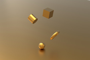 Gold geometric shape form floating 3d rendering