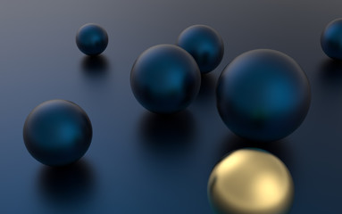 Leadership concept with gold sphere and many blue metallic. 3d render illustration