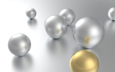 Gold sphere ball among silver sphere balls stand out from the crowd concept isolated