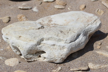  stone in the sand, a large stone on the beach, a stone with round edges, a stone washed by the sea, close-up